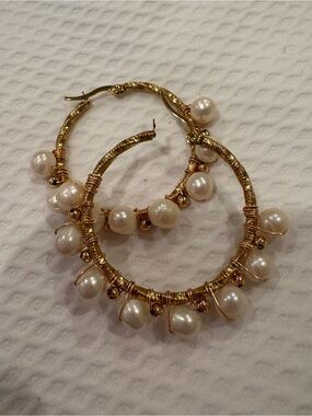 Gold Pearl Hoop Earrings - Elegant Women's Jewelry